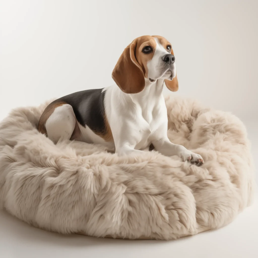Perro Beagle descansando en una cama esponjosa de piel sintética