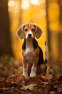 Cachorro de Beagle sentado entre hojas otoñales en un bosque