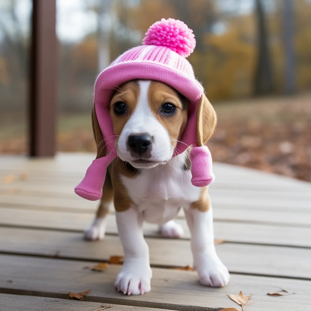Cachorro de Beagle con un gorro rosa de lana en una terraza