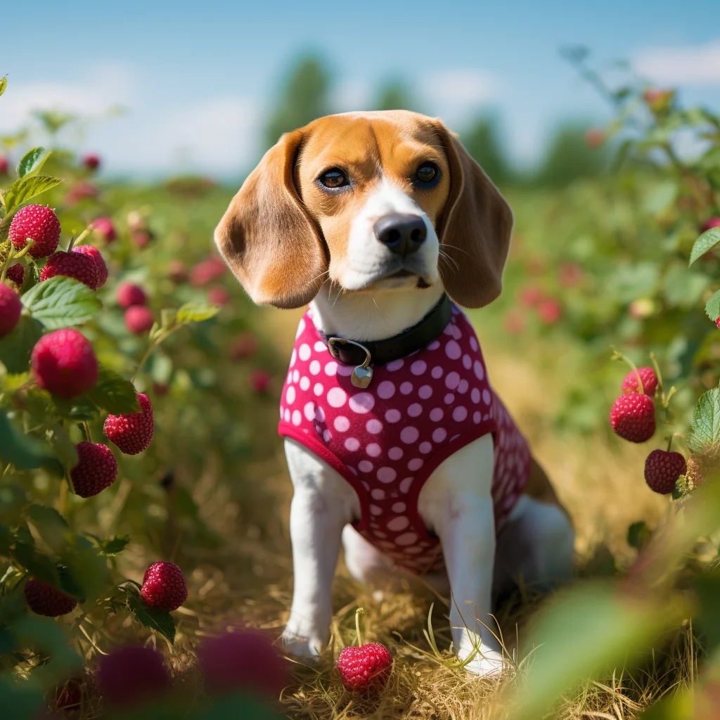 Beagle en un campo de frambuesas vistiendo un suéter de lunares
