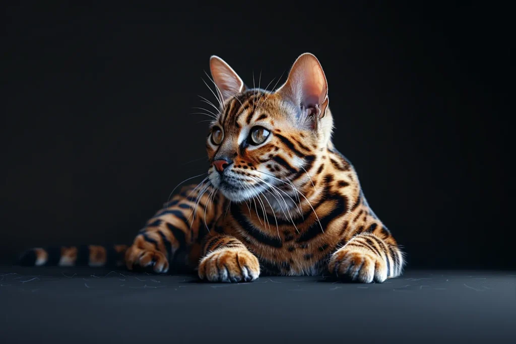 Gato Bengala alerta sobre el suelo, preparado para la acción.