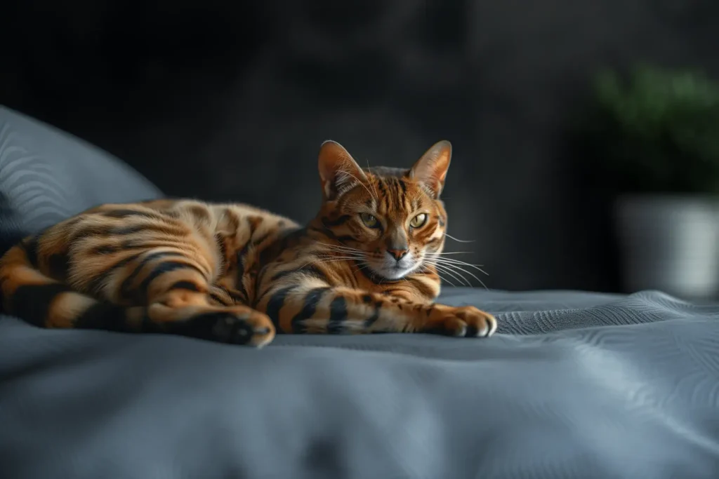 Gato Bengala relajado sobre una cama, descansando plácidamente.