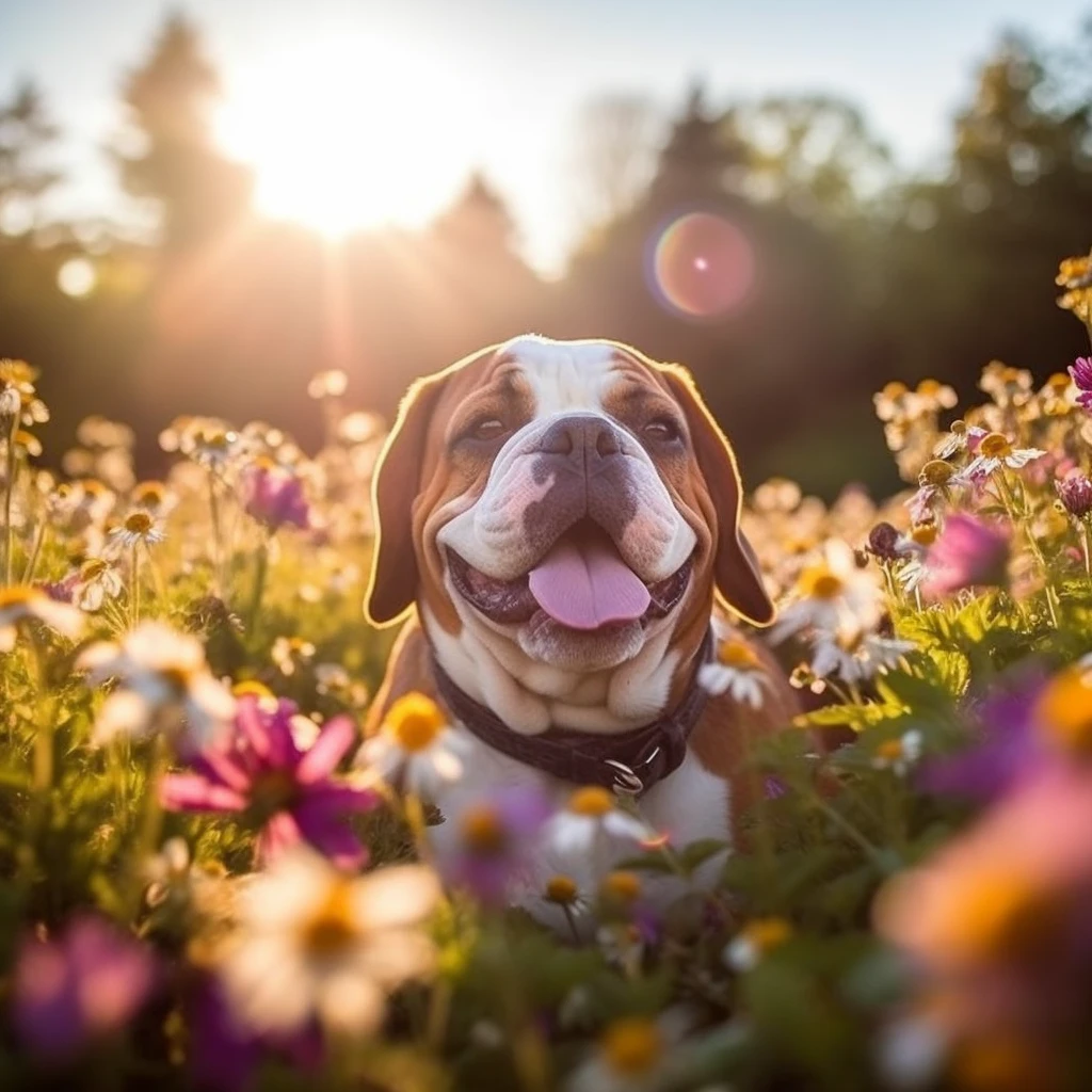Bulldog ingles 1 Bulldog ingles feliz en un campo de flores