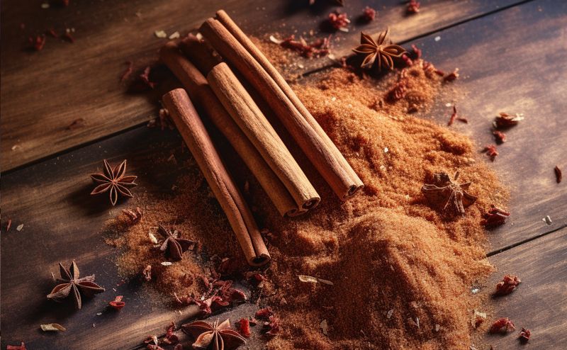 ¿Pueden los gatos comer canela? 3 Palos de canela y polvo de canela esparcidos sobre una mesa de madera, rodeados de anís estrellado y especias