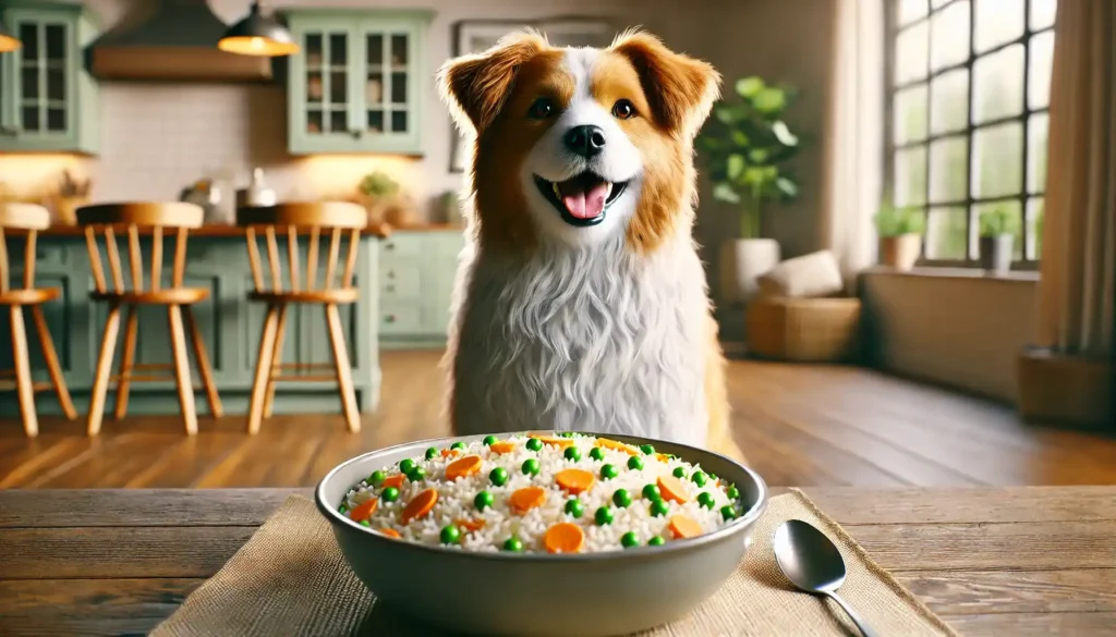 Un perro de tamaño mediano sentado junto a un cuenco grande de arroz cocido con zanahorias y guisantes. El arroz es el enfoque principal, y el fondo tiene un aspecto suave y poco contrastado