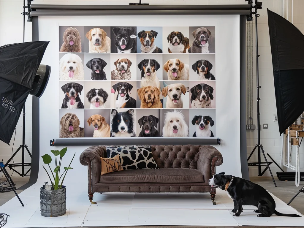 ¿Qué necesitas saber a la hora de elegir un perro? 3 Estudio de fotografía con un sofá de cuero y retratos de perros, mostrando varias razas caninas. Un perro negro está sentado frente al sofá.