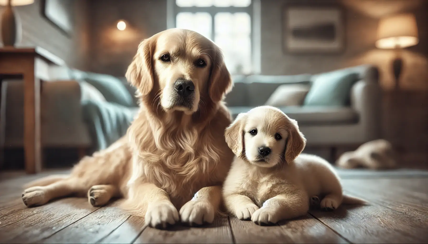 Madre perro golden retriever descansando con su cachorro en una sala acogedora