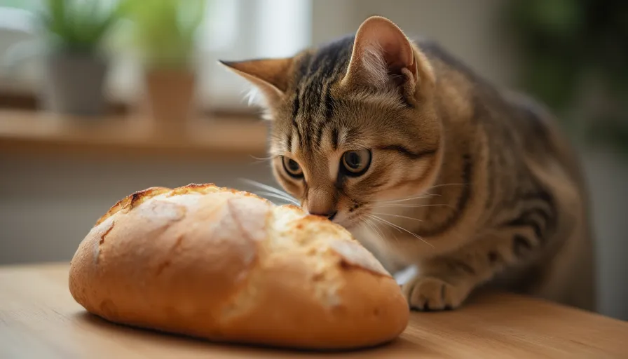Un gato curioso oliendo un pan en la mesa de la cocina