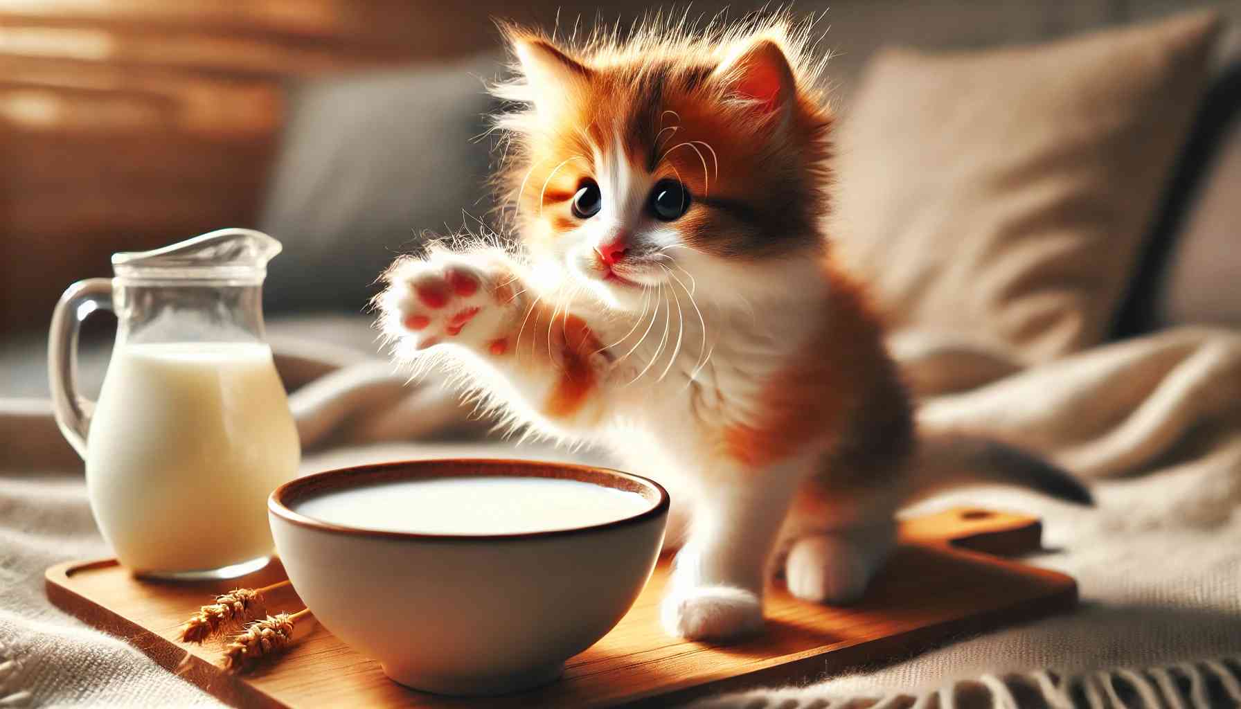 ¿Pueden los gatitos tomar leche? 5 Gatito curioso junto a un tazón de leche