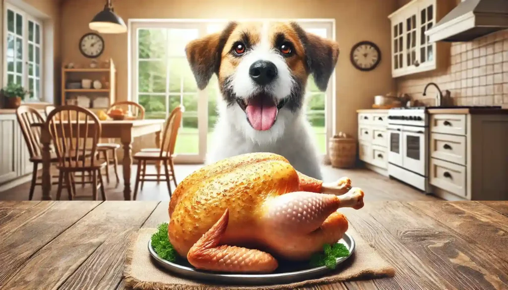 ¿Pueden los perros comer pollo? 1 Perro feliz mirando un pollo asado en una cocina.