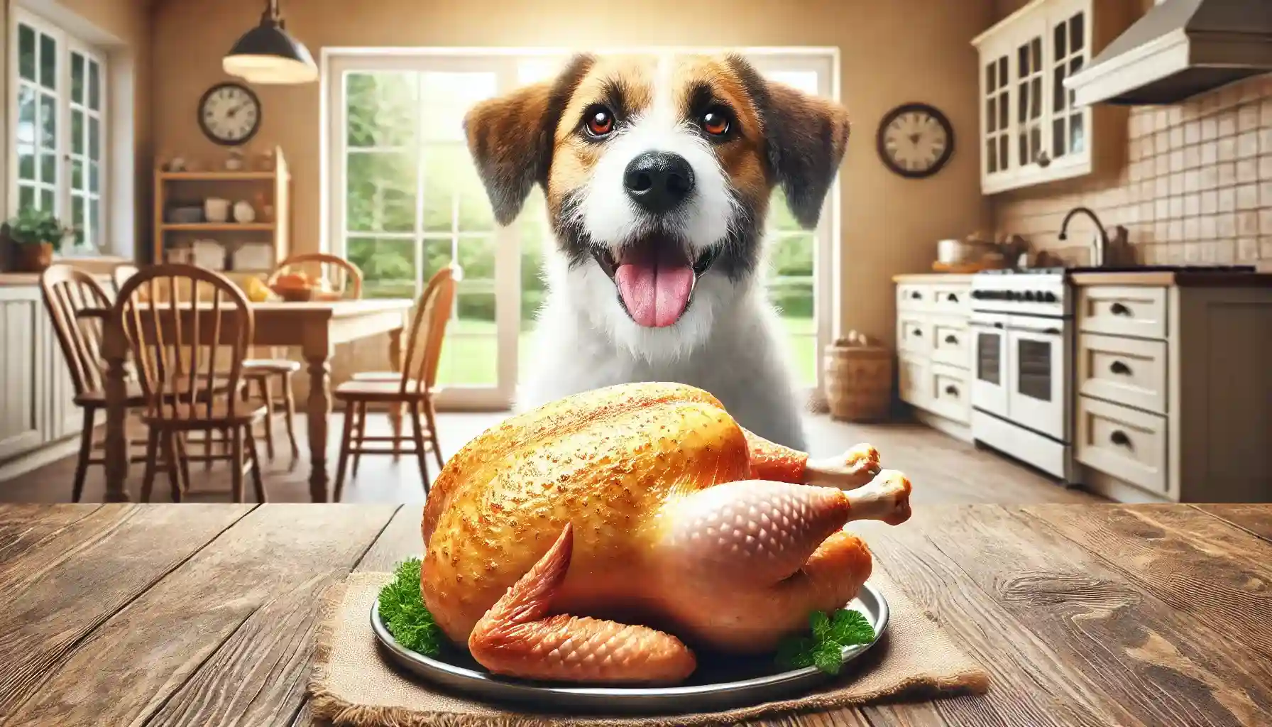 ¿Pueden los perros comer pollo? 3 Perro feliz mirando un pollo asado en una cocina.