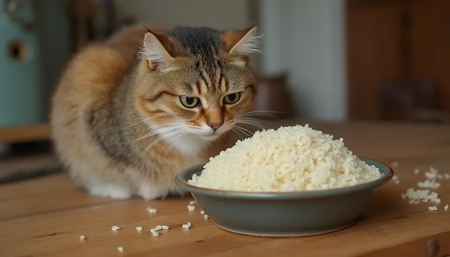 Gato observando un plato grande de arroz cocido en una mesa