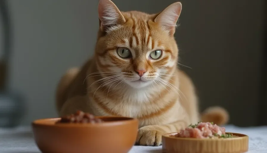 ¿Pueden los gatos comer atún? 2 Gato observando dos tazones con comida, posiblemente atún, uno de los cuales parece contener carne fresca