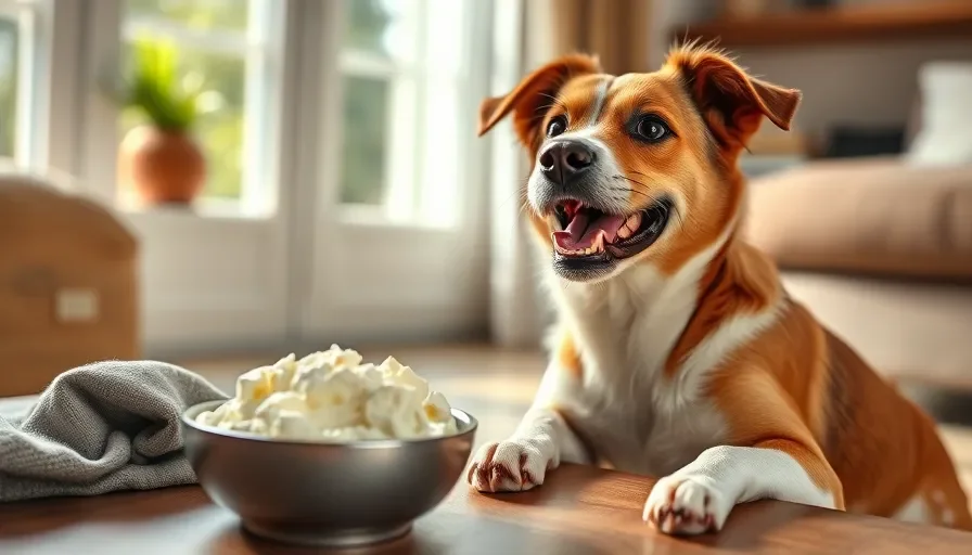 ¿Pueden los perros comer requesón? 4 Perro feliz junto a un cuenco de requesón, listo para comer en un entorno hogareño