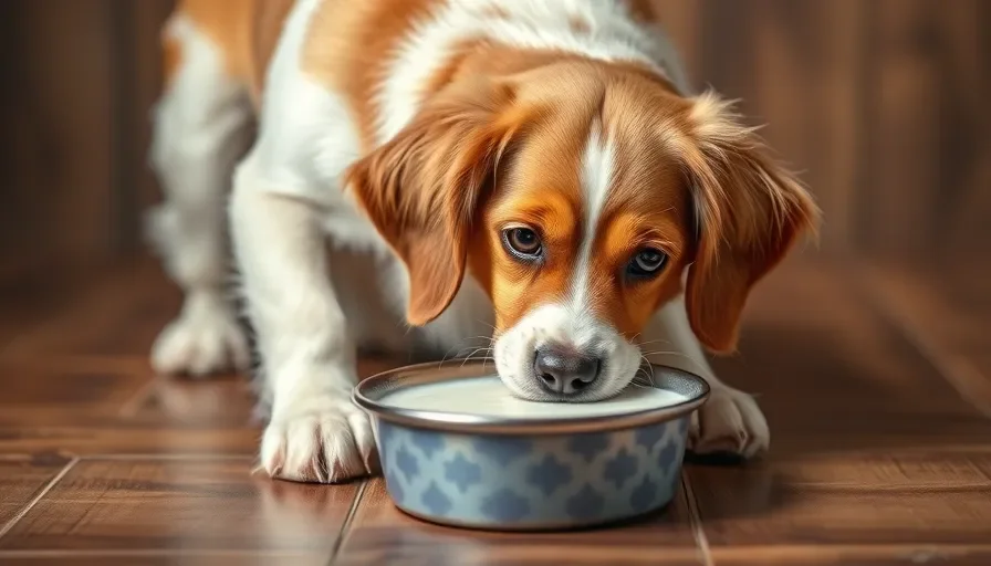 Un perro feliz bebiendo kéfir de un tazón, promoviendo una dieta saludable con ingredientes frescos