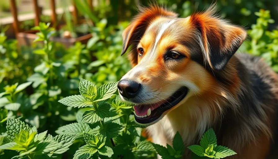 Perro feliz oliendo hojas de menta en un jardín soleado, rodeado de plantas verdes
