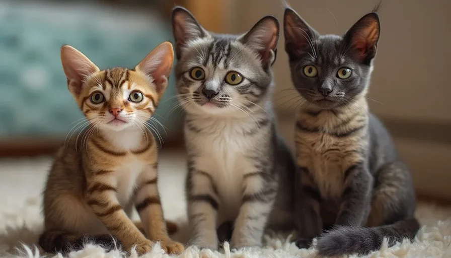 Tres gatitos de diferentes razas pequeños, uno con pelaje rojizo a rayas, otro gris y blanco, y un tercero gris oscuro con grandes orejas, en una alfombra