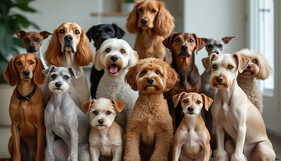 Grupo de razas de perros que no mudan de pelo, mostrando diferentes tamaños y tipos de pelaje, desde sin pelo hasta rizado