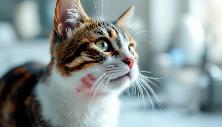 Acné en gatos 2 Primer plano de un gato con acné visible en el mentón, mostrando pequeñas inflamaciones en la piel