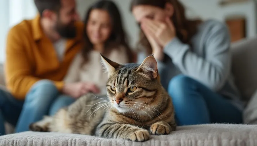 Alergia a los gatos 5 Gato relajado en el sofá mientras una persona en el fondo tiene síntomas de alergia, como estornudos