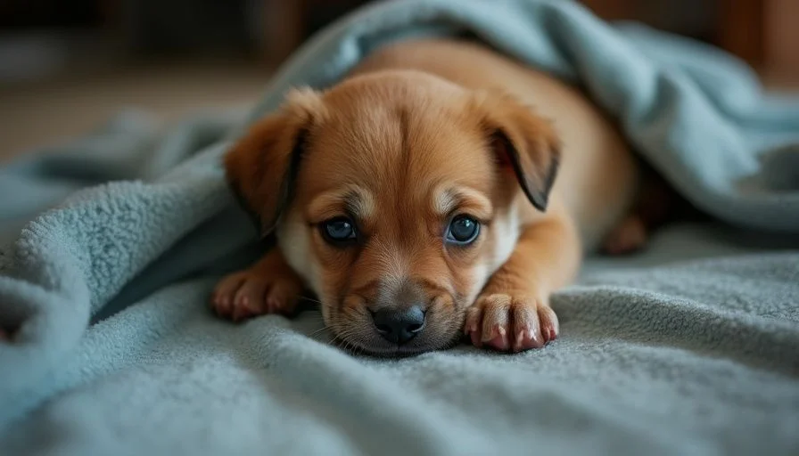 Cachorro tiene diarrea 5 Un cachorro pequeño y enfermo con expresión triste, acurrucado en una manta, mostrando signos de debilidad