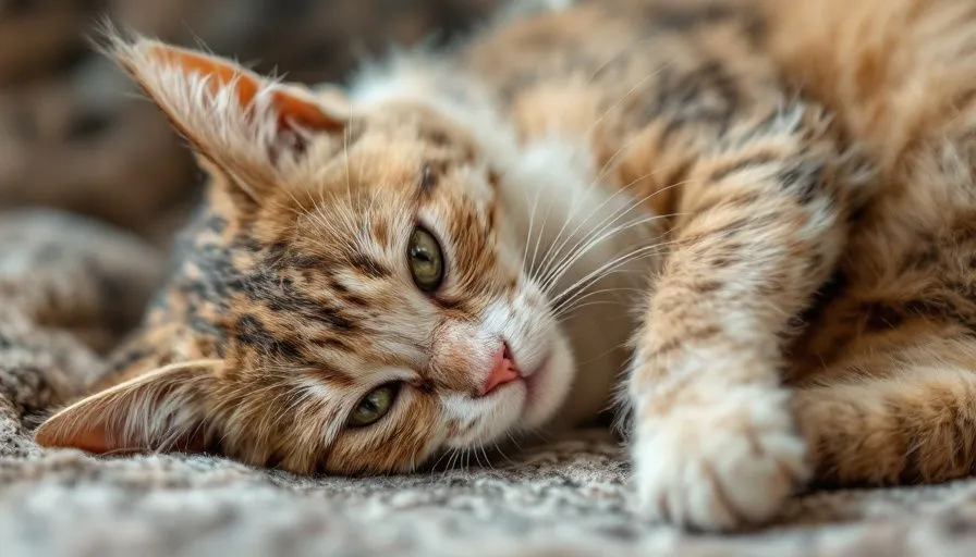 Gato doméstico descansando, mostrando su pelaje con signos de desgaste y caída leve