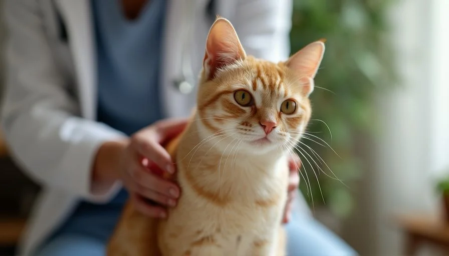 Gato siendo examinado por un veterinario, lo que simboliza el diagnóstico y tratamiento de la cistitis en gatos