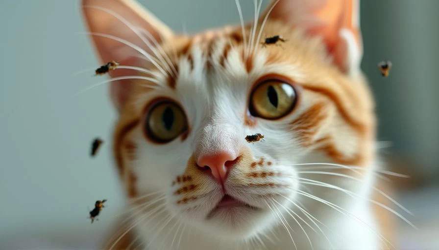 Comedores de piojos en gatos 1 Un gato con pequeños parásitos visibles en su pelaje, relacionado con la infestación de piojos en gatos