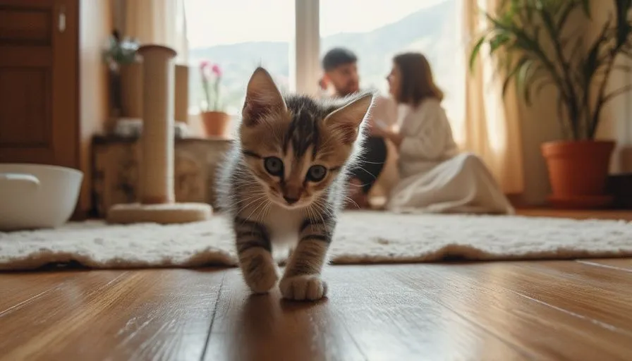 Cómo criar un gatito 5 Un pequeño gatito explora un hogar acogedor con un rascador y juguetes, mientras la familia lo observa en el fondo
