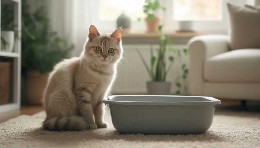 Cómo evitar que un gato defeque en el lugar equivocado 4 Gato doméstico observando una caja de arena limpia en una sala de estar acogedora