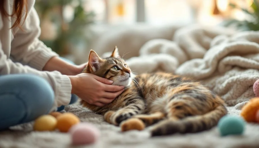 Cómo hacer que un gato te quiera 2 Gato relajado en una cama mientras una persona lo acaricia en un ambiente acogedor, rodeado de juguetes