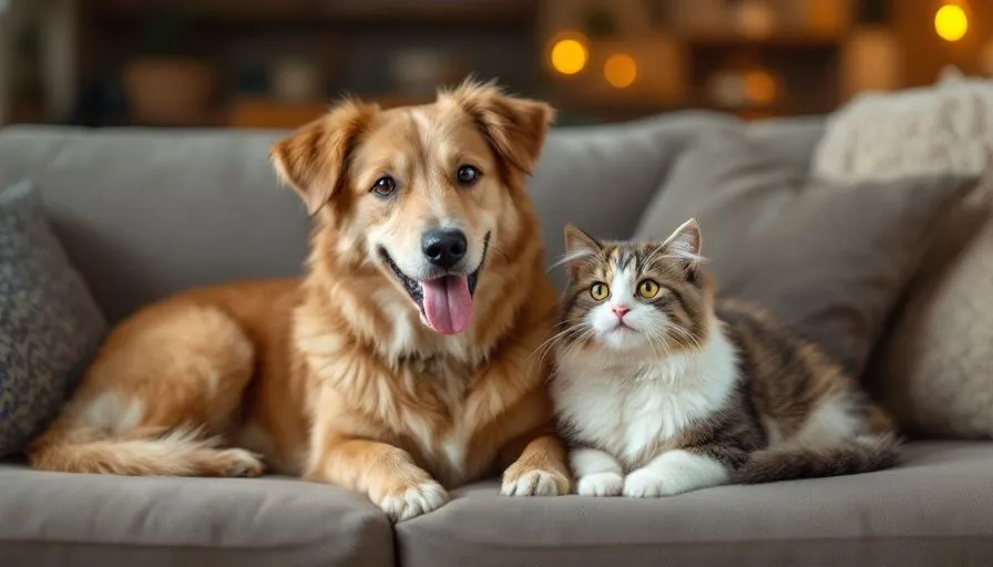 Perro amistoso y gato tranquilo sentados juntos en un sofá, mostrando armonía y convivencia entre ambos