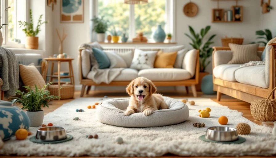 Cómo prepararse para la llegada de un perro a casa 2 El cachorro está sentado en su cama en su sala de estar bien preparada, con juguetes y cuencos