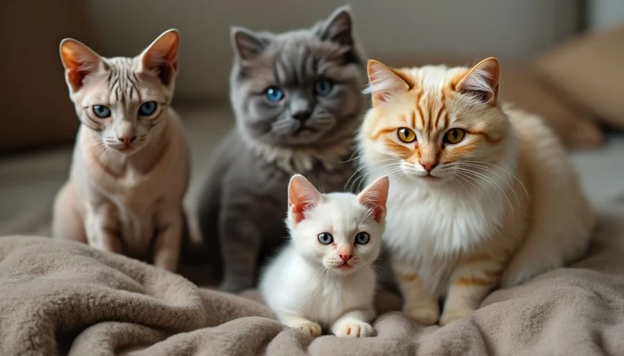 Aspectos básicos de la educación de los gatos 2 Diferentes razas de gatos, incluyendo un esfinge, un británico de pelo corto y un Maine Coon, sentados juntos en una manta