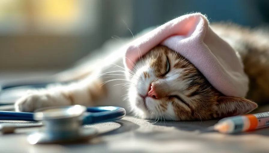 Conmoción cerebral en gatos 2 Gato recostado con una compresa fría en la cabeza, rodeado de herramientas médicas como un estetoscopio y una jeringa, representando el cuidado post-conmoción