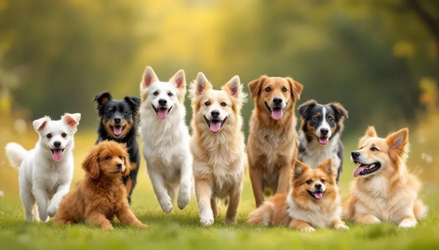 Un grupo de diferentes razas de perros, incluyendo razas pequeñas, medianas y grandes, corriendo y jugando felices al aire libre
