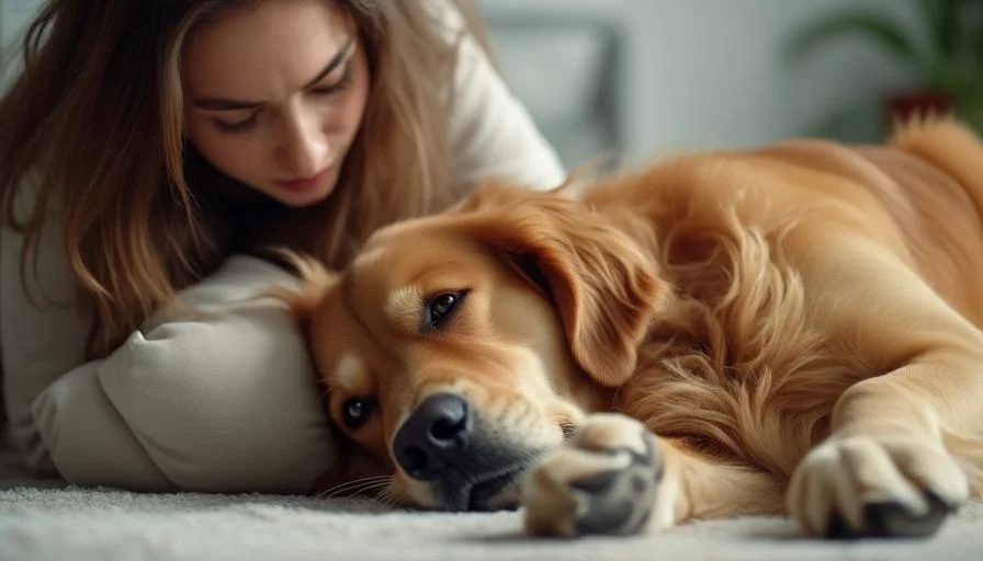 Epilepsia en perros 3 Perro golden retriever acostado en el suelo durante una convulsión epiléptica, con una dueña calmada cuidándolo