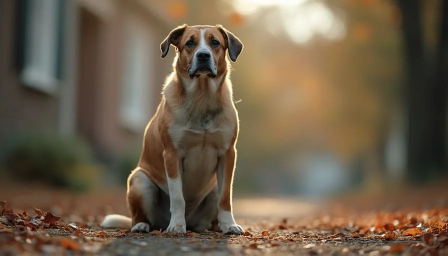 Estreñimiento en perros 5 Un perro sentado en el suelo con el estómago hinchado, mostrando signos de estreñimiento