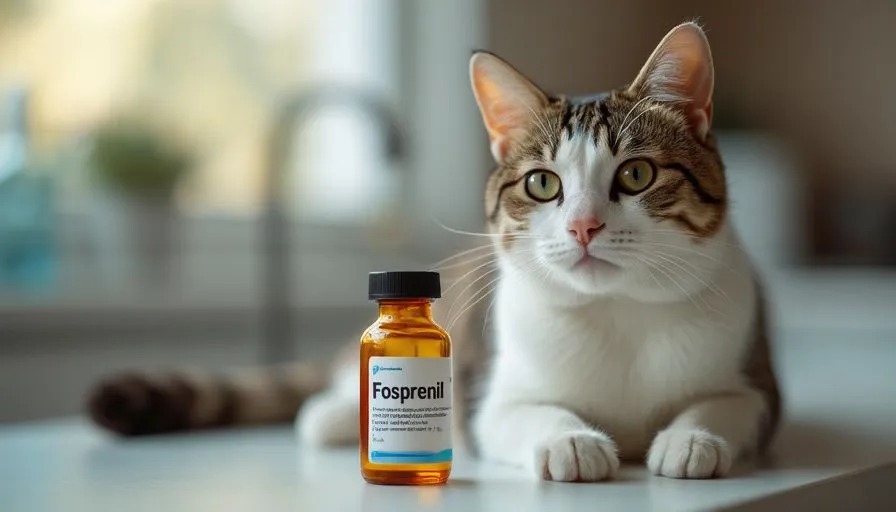 Fosprenil para gatos 2 Frasco de medicamento veterinario Fosprenil junto a un gato en una clínica veterinaria