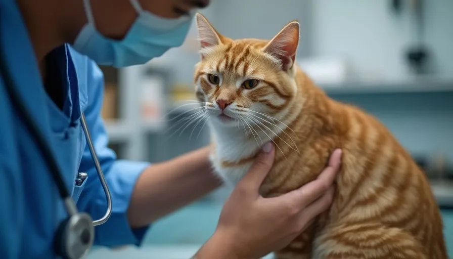 Veterinario examinando a un gato con síntomas visibles de gastritis en una clínica