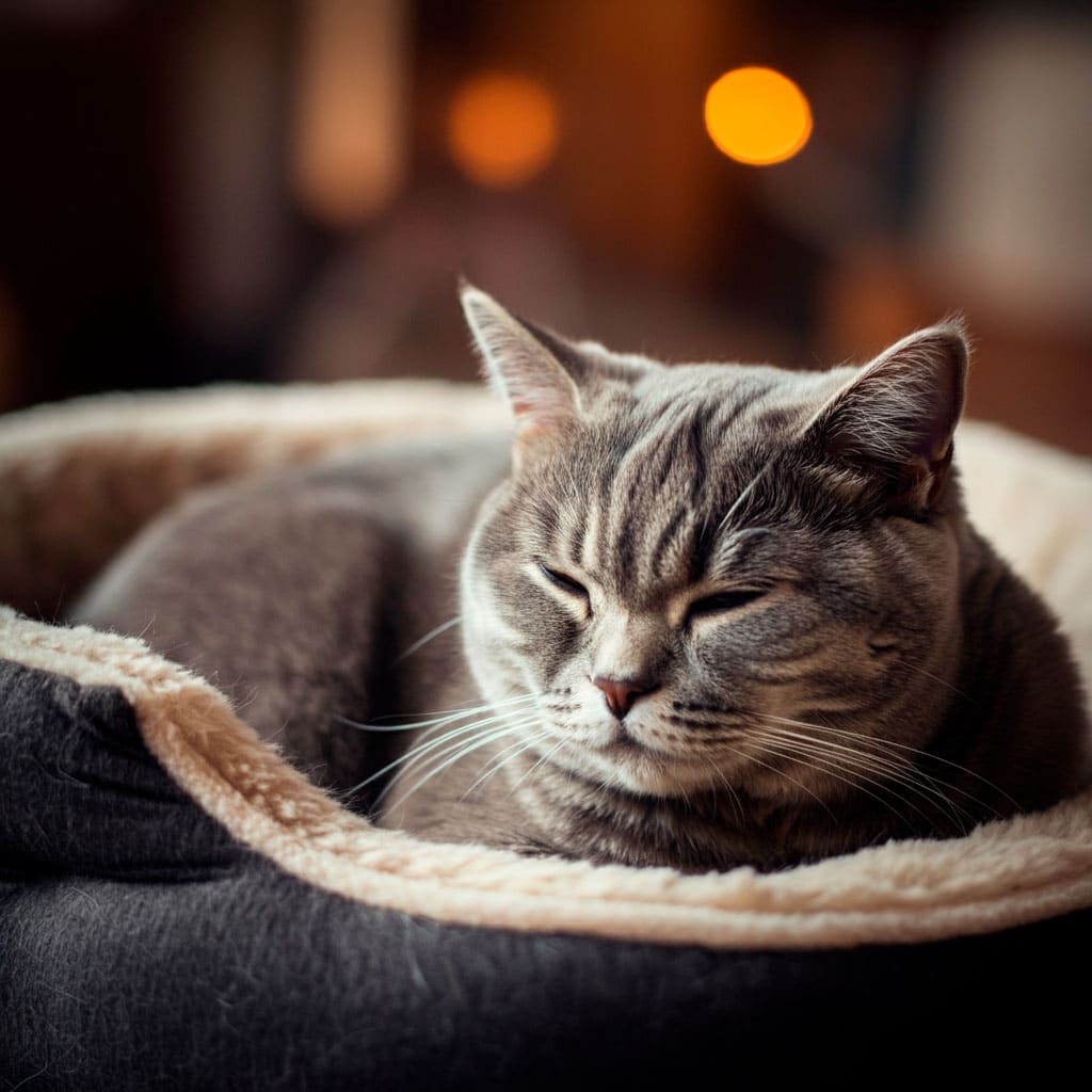 Gato británico dormido en una cama cómoda