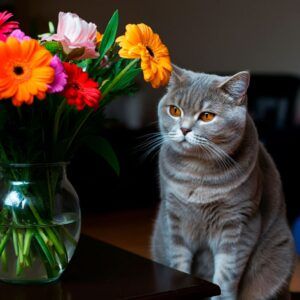Gato británico observando un ramo de flores
