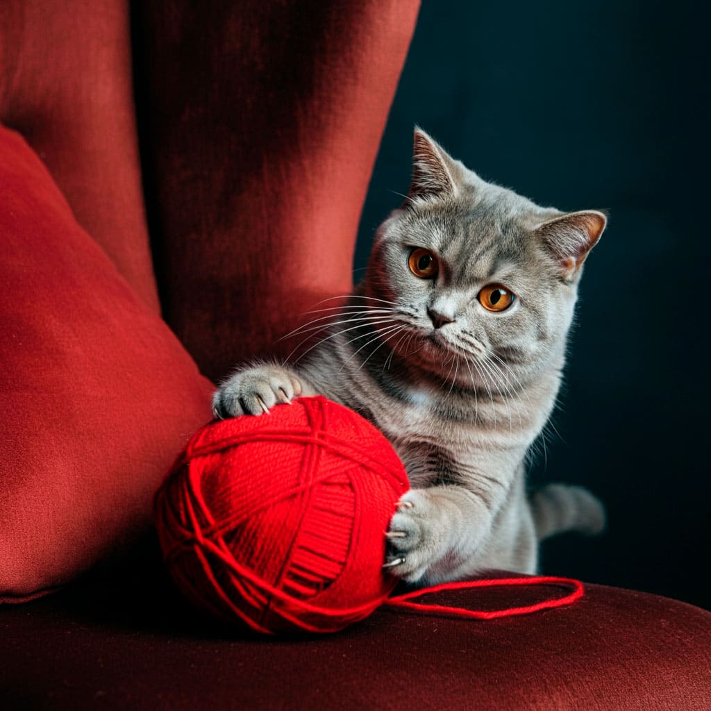 Gato británico jugando con ovillo de lana rojo