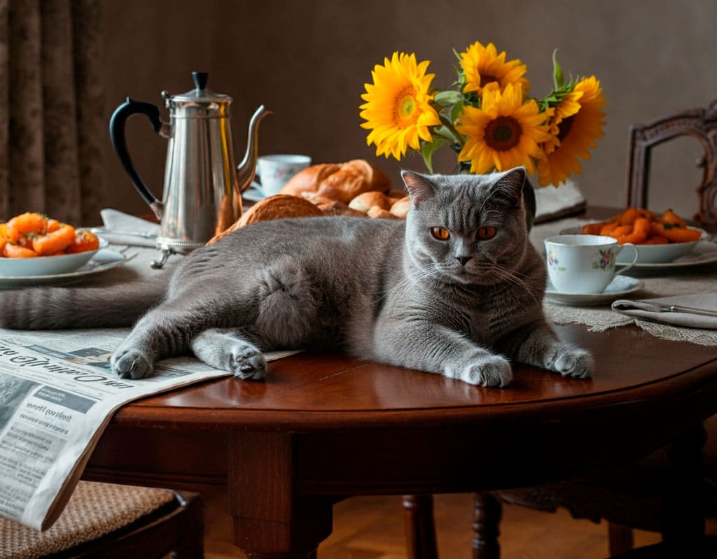 Gato británico relajado sobre una mesa decorada