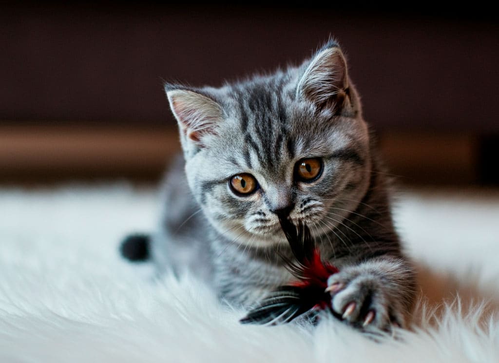 Gatito británico jugando con una pluma