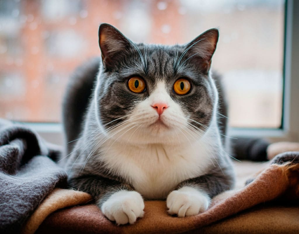 Un gato británico blanco y gris se sienta junto a la ventana