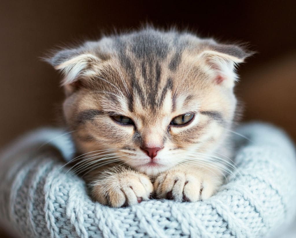 Gato plegable escocés 8 Un gatito escocés descansando sobre una manta suave