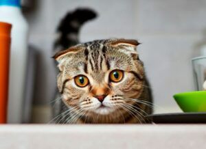 Gato plegable escocés 2 Gato Escocés de pliegue observando con curiosidad desde el borde de la mesa
