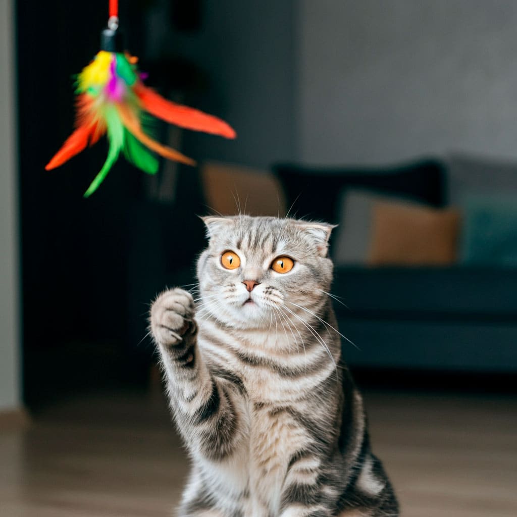 Gato plegable escocés 6 Gato Escocés de pliegue jugando con un juguete de plumas