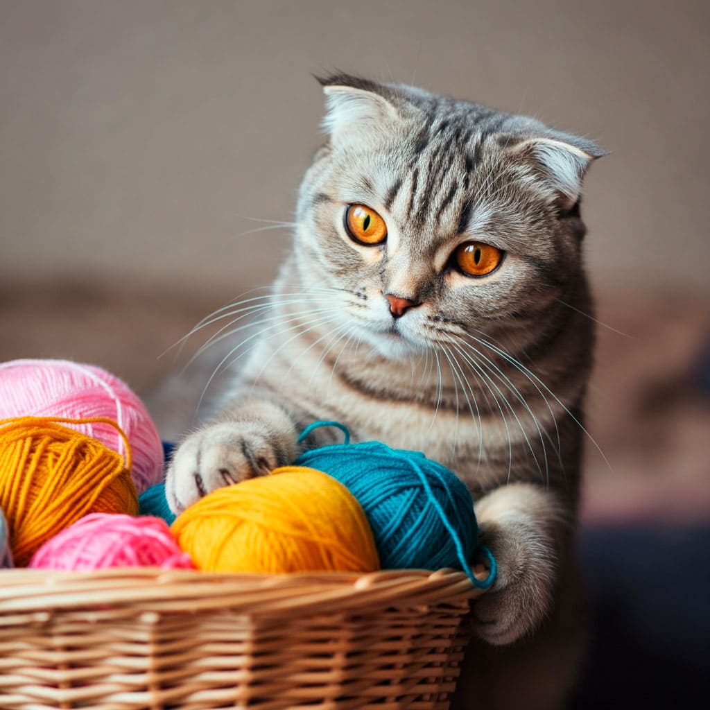 Gato plegable escocés 5 Gato Escocés de pliegue jugando con ovillos de lana de varios colores